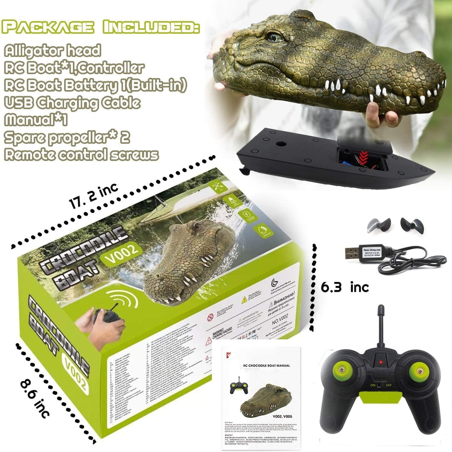 2.4 GHz Remote Control Alligator Head Boats for Adults and Kids - Large Decoy and Floating Crocodile Head Prank, Rechargeable Battery, Boat Lake & Pool Toy