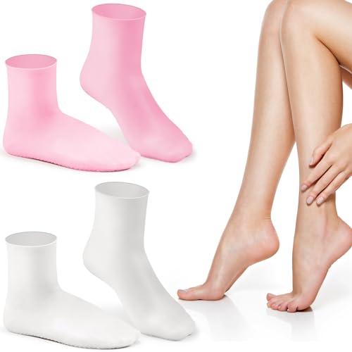 Aphlos Long Silicone Socks 2 Pairs, Moisturizing Socks, Soft Gel Socks for Dry Cracked Feet Women, Comfortable for Overnight Use & Spa Recovery (Pink & White)