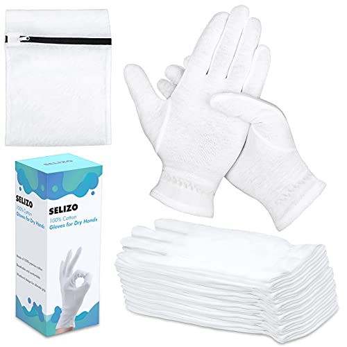 20 Pcs 100% Moisturizing Gloves for Dry Hands Overnight, Selizo 10 Pairs White Cotton Gloves for Women Eczema, Hand Moisturizer Sleeping Spa Gloves for Dry Hands Eczema