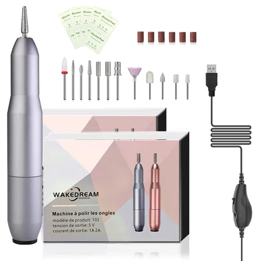 WakeDream 12 in 1 Electric Nail Drill, Professional Powerful and Quiet Nail File Machine, Portable Electric Nail File Set with Nail Drill Bits Sanding Bands for Acrylic Gel Nails(Silver)