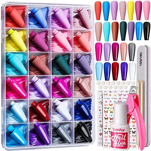 Teenitor Long Press On Nails Kit 24 Color Long Coffin Nail Tips Full Cover, 576pcs Long Coffin Press On Nails Long Coffin Fake Nails, Matte Press On Nails Long, Long Coffin Glue On Nails