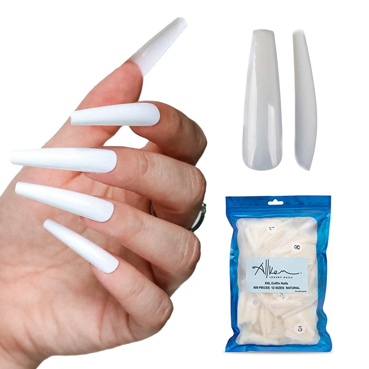 Allkem 600 pcs Extra Long XXL white Ballerina False Press on Nails full cover JUMBO pack Set