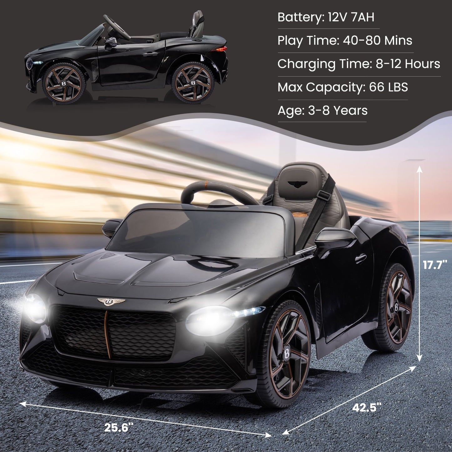 12V Ride on Toy Car, Licensed Bentley Electric Car, Remote Control, 2 Speeds, Kids Cars to Drive Battery Powered Wheels