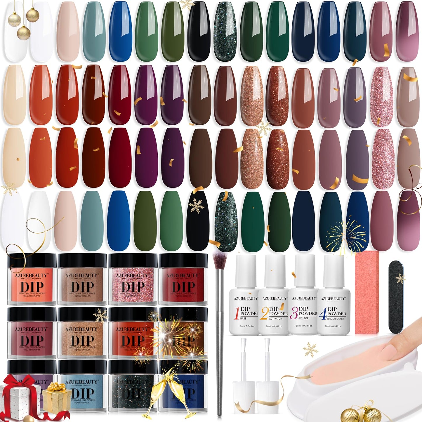 AZUREBEAUTY 42Pcs Dip Powder Nail Kit Starter, 32 Colors New Year Set Nude Brown Green Blue Acrylic Dipping Powder Set with Top/Base Coat Activator & Recycling Tray for French Art Manicure Salon Gift