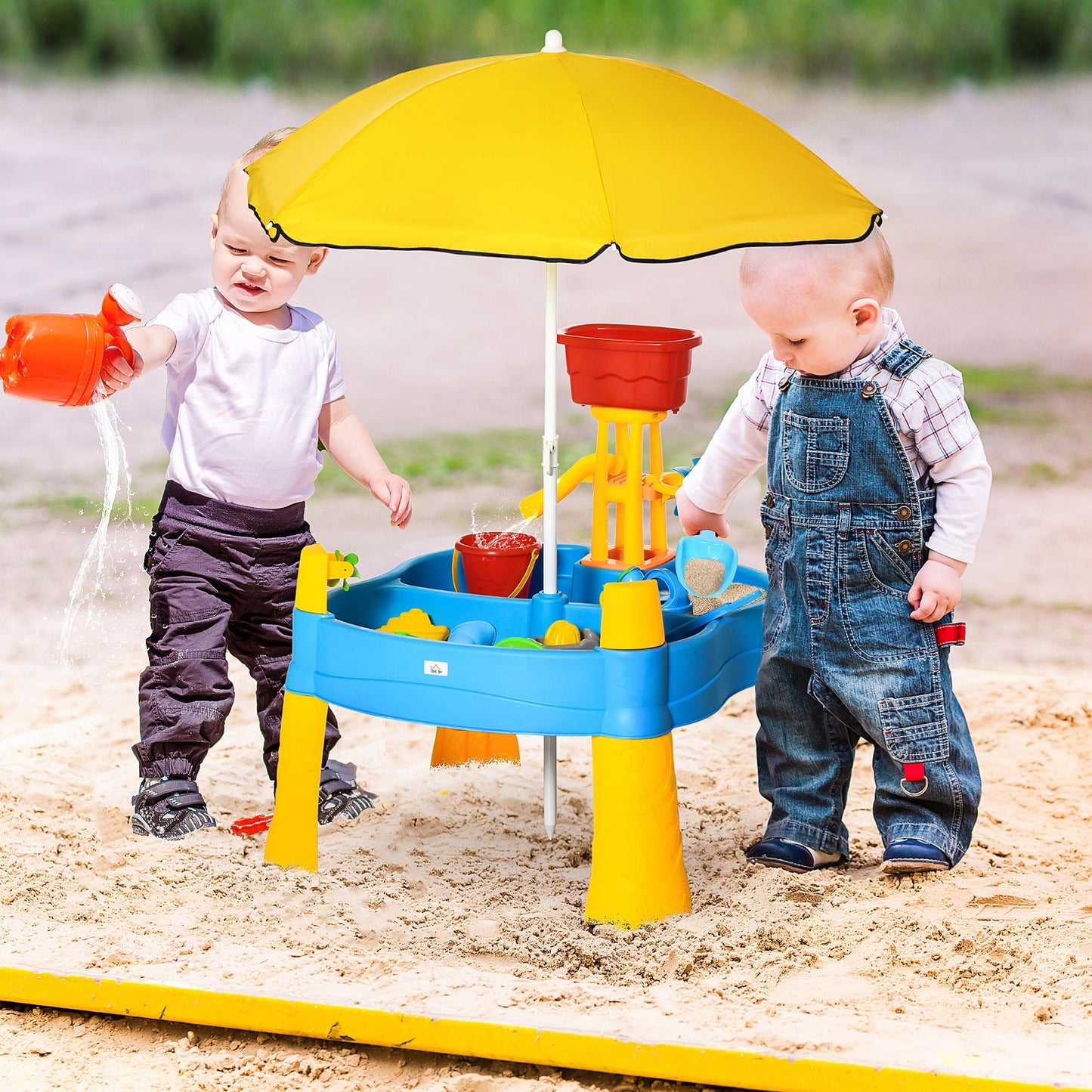 2-in-1 Covered Sandbox Table with 25 Toys for Indoors & Outdoors - Includes Umbrella, Sand & Water Table for Toddlers