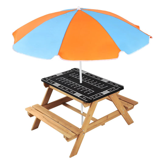 3 in 1 Kids Sand & Water Table w/Adjustable Umbrella,Outside Table Set with Benches,Outdoor Activity Table for Kids Toddler Boys Girls