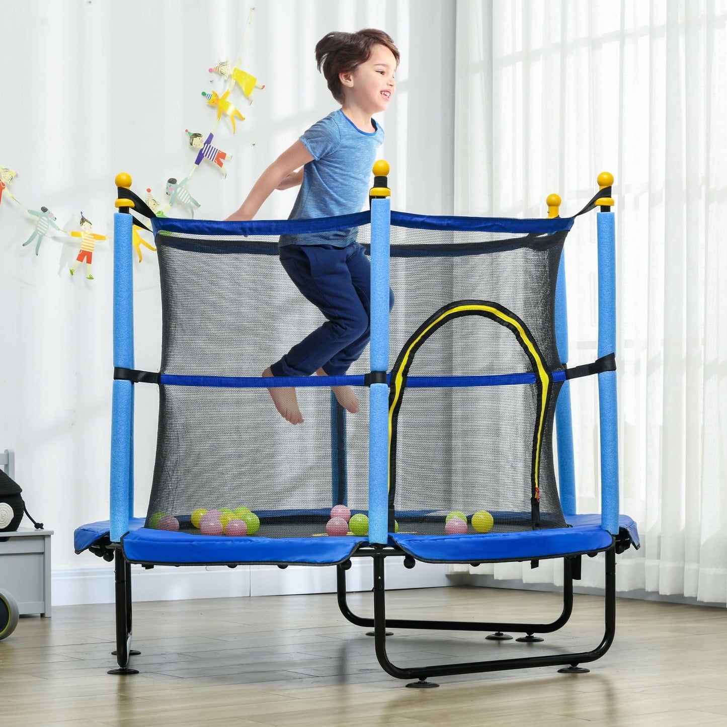 4.6FT Trampoline for Kids, 55 Inch Toddler Trampoline with Safety Enclosure Net & Ball Pit, Indoor/Outdoor Mini Trampoline for Kids Age 3-10, Blue