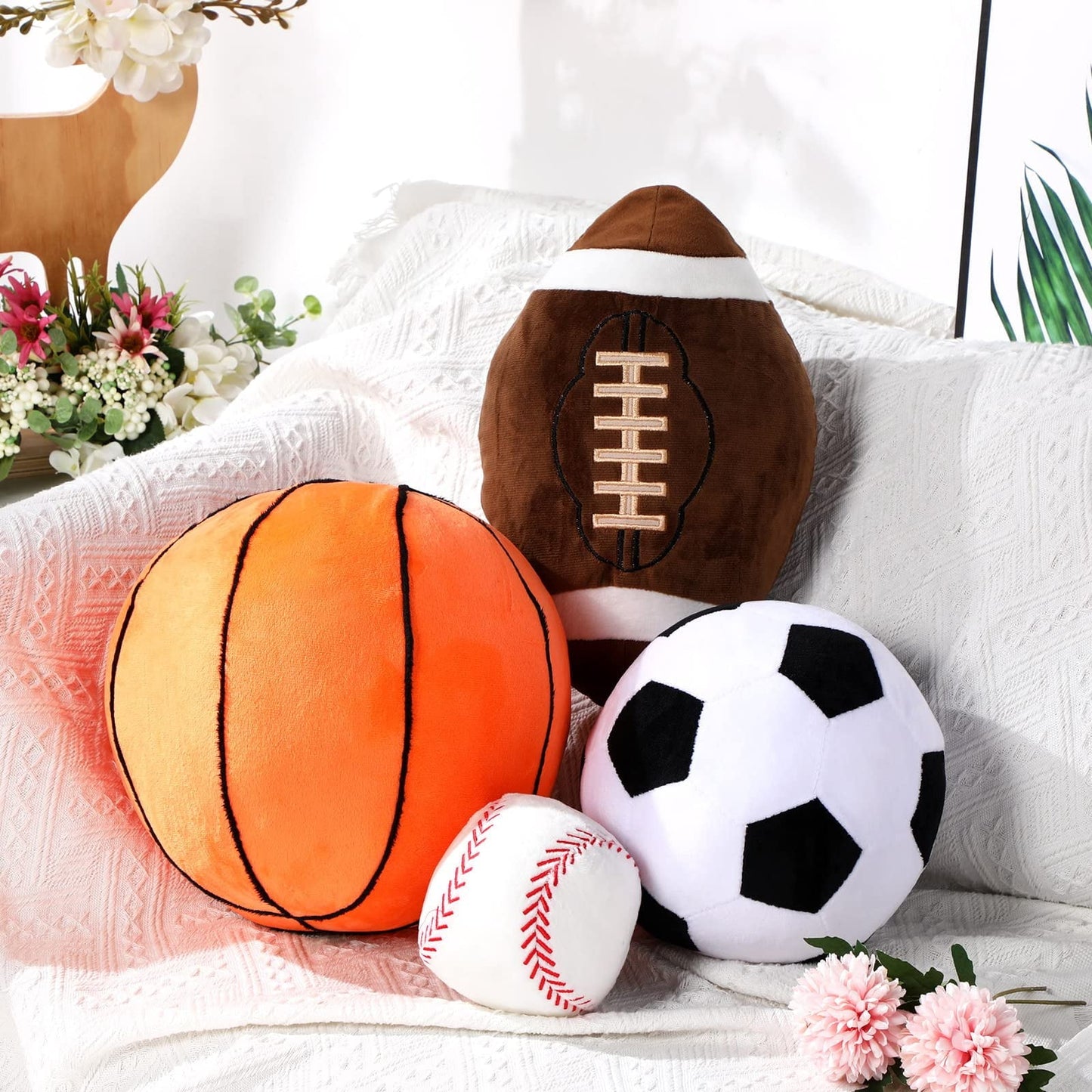 4 Pcs Stuffed Sports YPF5 Balls Toy Set, Soft Plush Basketball Soccer Ball Football Baseball Pillow Sports Shaped Throw Pillows Cute Cushion Pillow for Room Bedroom Decor Play Indoor Gifts