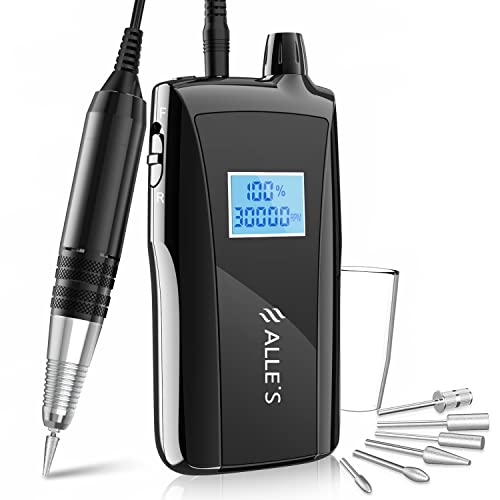 Alle's Professional Nail Drill Machine, 30000rpm Rechargeable Electric Nail File, 6 Bits and 106 Sanding Bands for Acrylic Gel Nails, Portable Cordless E File kit for Salon or Home DIY, Black