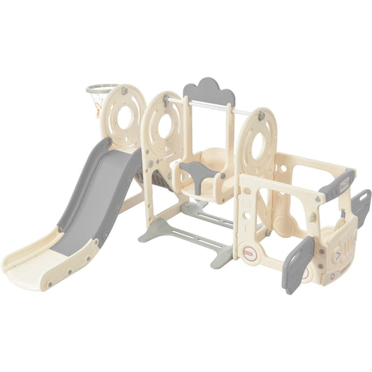 5 in 1 Toddler Slide and Swing Set, Bus Themed Kid Slide for Toddlers Age 1-3, Baby Slide with Adjustable Swing and Basketball Hoop, Indoor Outdoor Slide Toddler Playset Toddler Playground, Gray