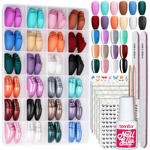 Teenitor 24 Pack 576PCS Press On Nails Medium Length Coffin Glue On Nails, Coffin Shape Press On Nails Set, 12 Colors Coffin Matte Press On Nails, 12 Colors Glossy Press On Coffin Nail