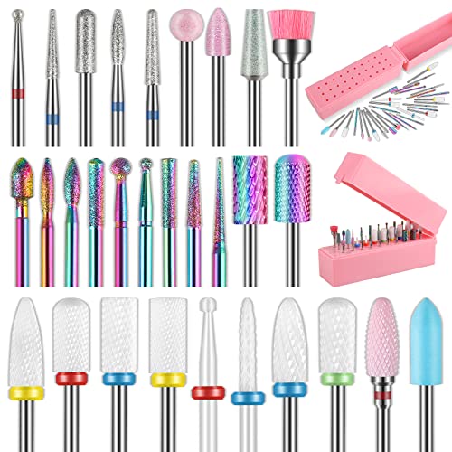 30Pcs Nail Drill Bits Set with 30 Holes Pink Holder, 3/32 Inch Tungsten Carbide Diamond Ceramic Quartz Pointed Cuticle Puntas para Drill Nails for Acrylic Gel Nail Manicure, Home Salon
