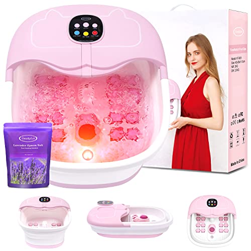 TimeRelish Foot Spa Bath Massager with Heat Bubbles and Massage and Jets, Pedicure Tub for Soaking Feet, Collapsible Bath Bucket with 16OZ Foot Soak Tub Lavender Epsom Salt – Pink