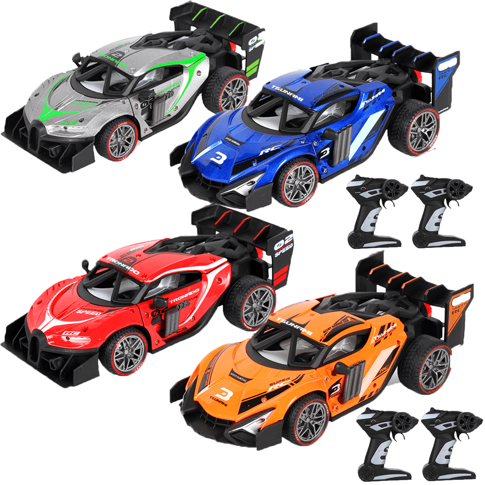 4 Pack Alloy Remote Control Car, 1/18 Scale 2.4g Mhz High-speed Racing Drift Stunt Car, Top Speed 20 Km/h, Waterproof,with Two Rechargeable Batteries and Atomization System, Excellent Xmas Gifts