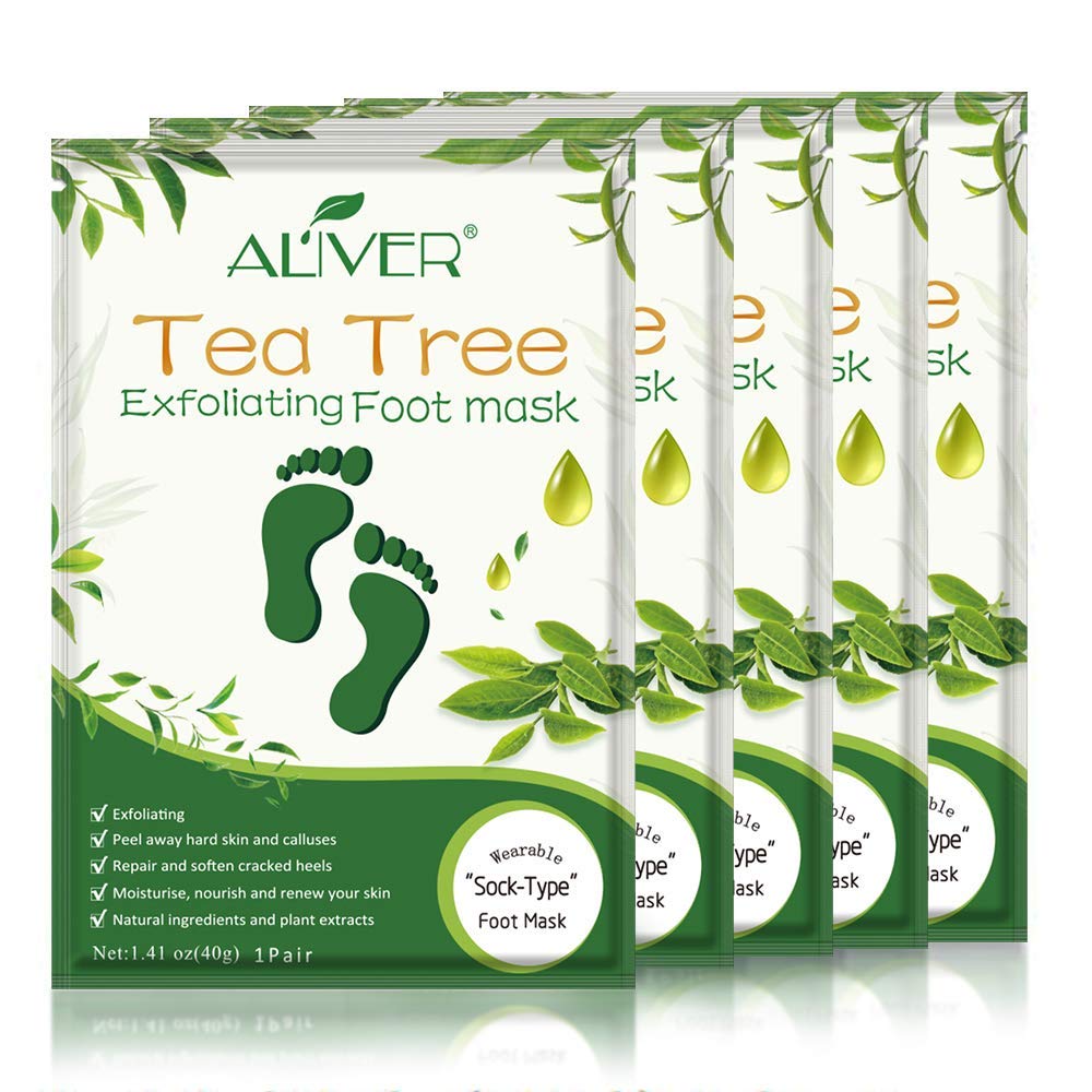 Asfroy Foot Peel Mask 5 Pack - Tea Tree, Removes Calluses, Softens Dry Skin, Safe for Men and Women