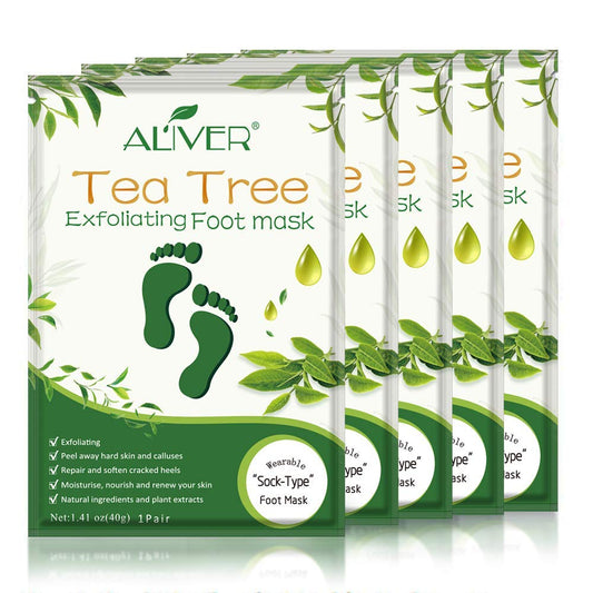 Asfroy Foot Peel Mask 5 Pack - Tea Tree, Removes Calluses, Softens Dry Skin, Safe for Men and Women