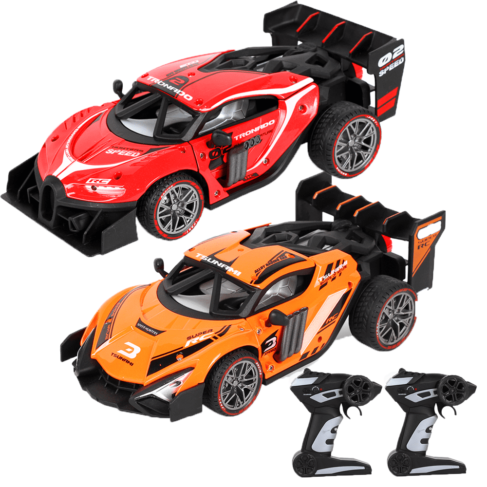 2 Pack Alloy Remote Control Car, 1/18 Scale 2.4g Mhz High-speed Racing Drift Stunt Car, Top Speed 20 Km/h, Waterproof,with Three Rechargeable Batteries and Atomization System, Excellent Xmas Gifts