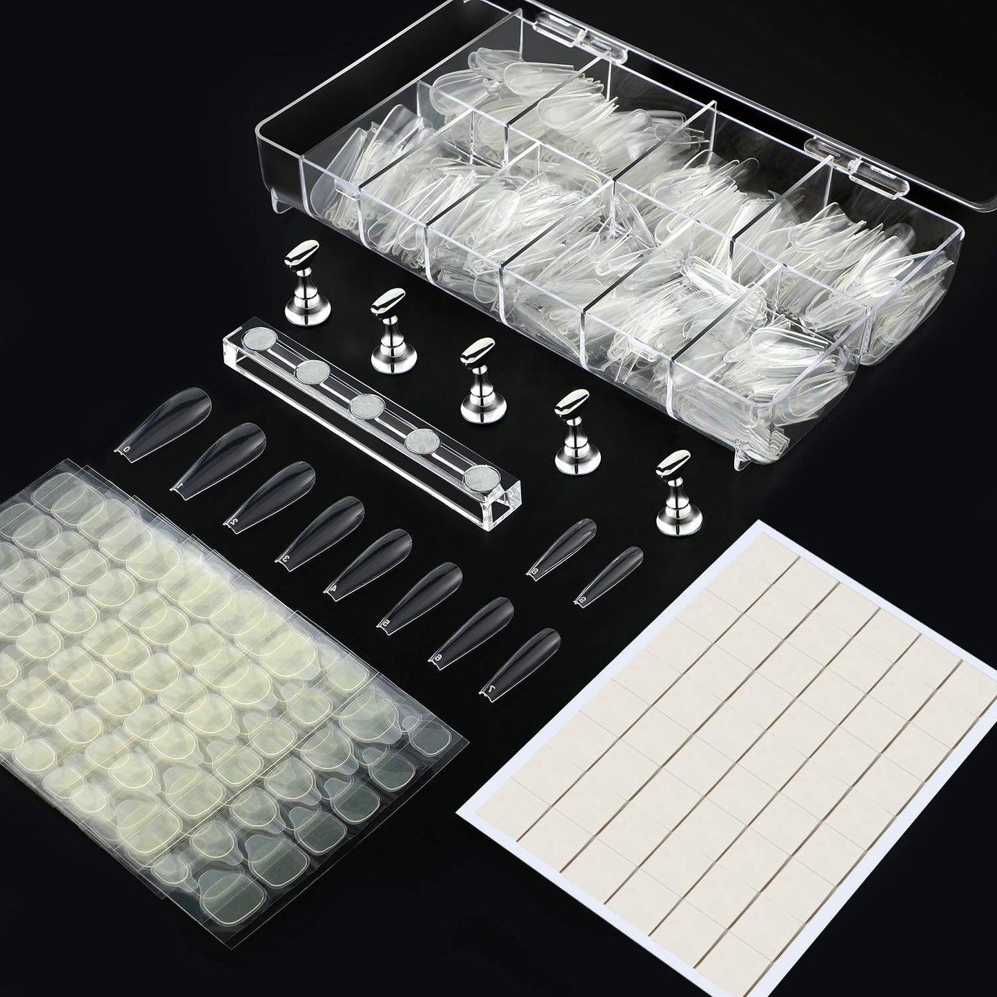 500 Pcs Fake Nails Press On Nails Tips Full Cover False Nails Clear Coffin Nail Tips 5 Pcs Nail Display Stand Acrylic Nail Kit with 10 Sheets Jelly Nails Adhesive Tabs,54 Pcs Salon Putty (Transparent)