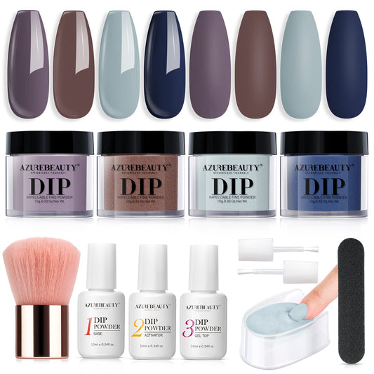 AZUREBEAUTY Dip Powder Nail Kit Starter 4 Colors Winter Blue Grey Purple Brown Dipping Powder System Liquid Set with Base & Top Coat Activator for French Nail Art Manicure Salon DIY at Home