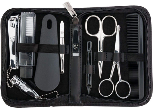 3 Swords Germany – brand quality 10 piece manicure pedicure grooming kit set for nail care tweezers file clipper, Made by 3 Swords (BLACK - GENUINE LEATHER)