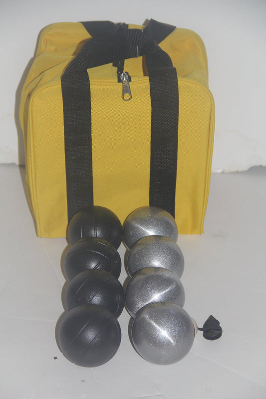 73mm Metal Bocce/Petanque Set with 4 Black and 4 Grind Sand Balls and Heavy Duty Yellow Nylon Bag - Single