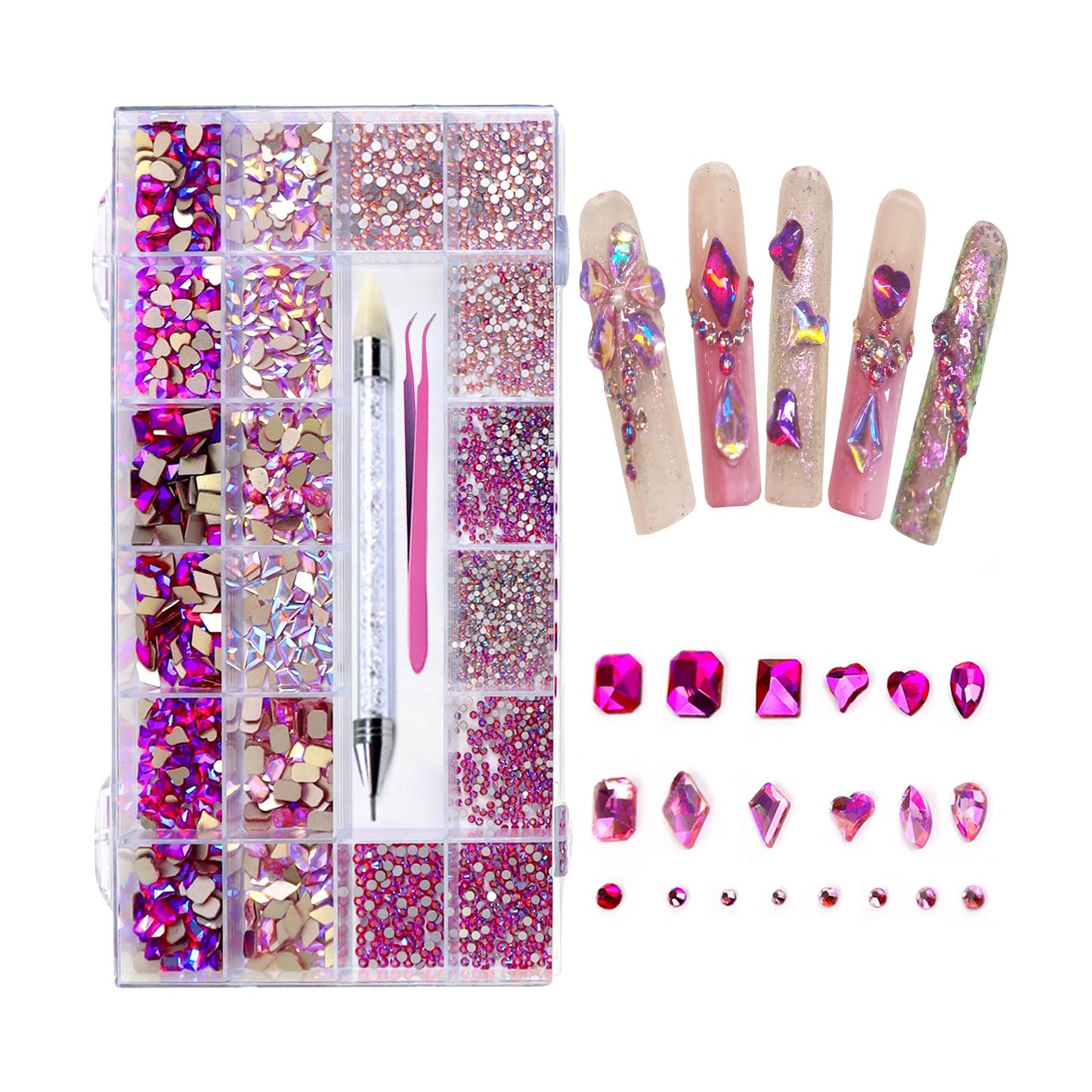 AMLAVIFISH Rhinestones for Nails, 6080Pcs Pink Nail Art Rhinestones Kit, 3D Flatback Crystals Diamonds for Nail Art Design, Mix Sizes Nail Charms and Gems(Picking Pen and Tweezers Included)