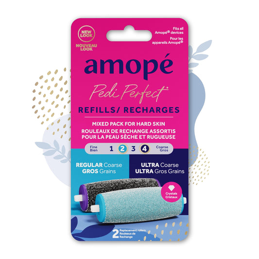 Amope Pedi Perfect Electric Callus Remover Foot File Roller Head Refills, with Diamond Crystals, Removes Hard & Dead Skin, Mixed Pack for Hard Skin, 1 Regular Coarse & 1 Ultra Coarse Refill – 2 Count