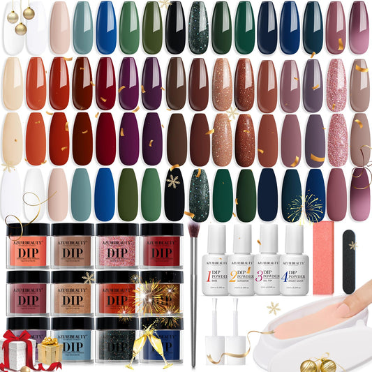 AZUREBEAUTY 42Pcs Dip Powder Nail Kit Starter, 32 Colors New Year Set Nude Brown Green Blue Acrylic Dipping Powder Set with Top/Base Coat Activator & Recycling Tray for French Art Manicure Salon Gift