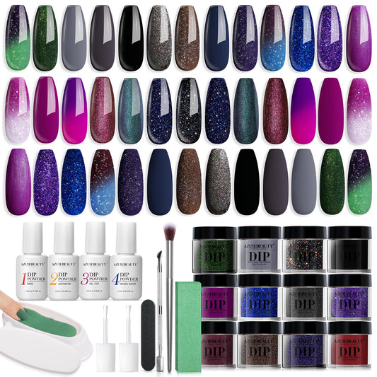 AZUREBEAUTY 31Pcs Dip Powder Nail Kit Starter, 20 Colors Color Changing Glitter Purple Green Dipping Powder Liquid Set with Base/Top Coat Activator for French Nails Manicure Beginner DIY Salon