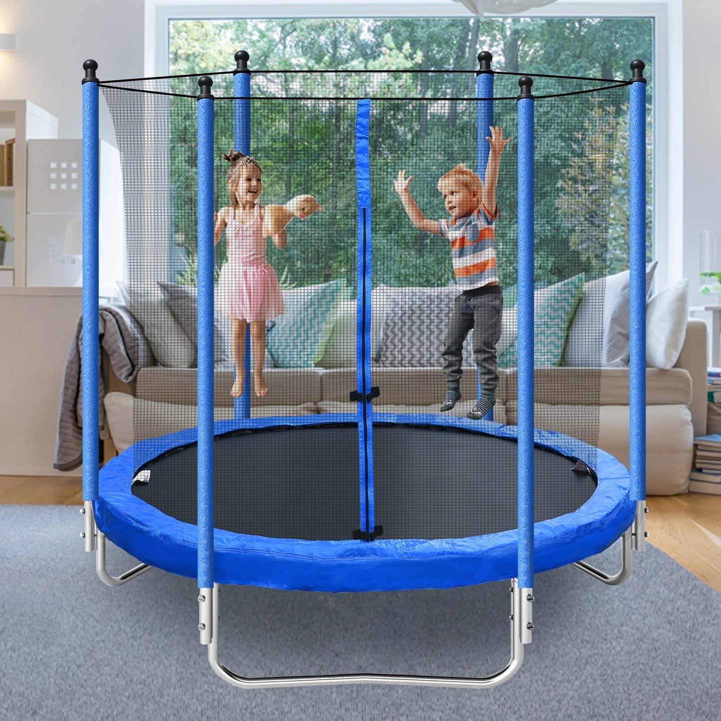 8FT Trampoline for Kids,Outdoor Trampoline with Safety Enclosure Net,Heavy Duty Jumping Mat and Spring Padding,Recreational Trampolines for Indoor Garden Backyard,Capacity 130 lbs,Blue