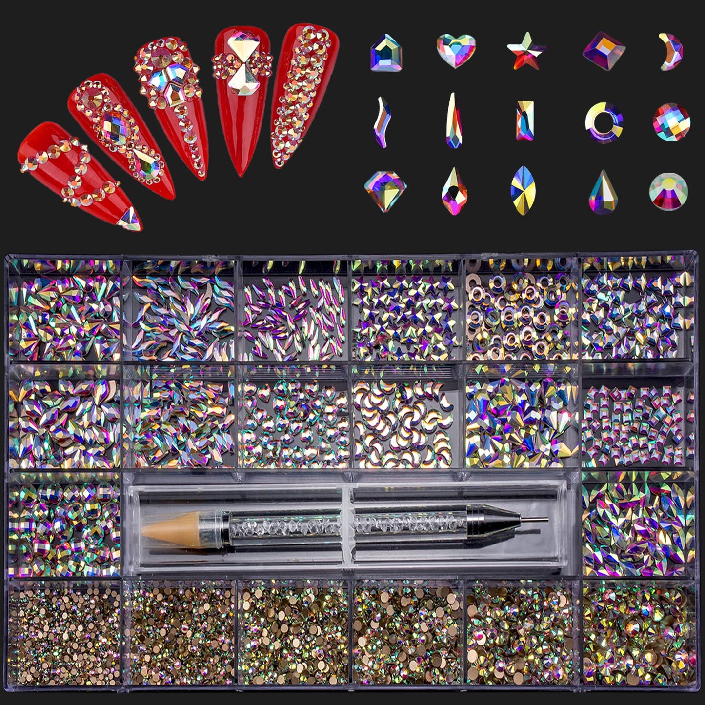 14 Shaped Crystal AB Rhinestones Nail Gems Glass Crystals Diamonds for Acrylic Nails+6 Size Small Flatback Iridescent Nail Bling Gems Stones-Nail Rhinestone Charms Luxury Kit with Wax Pen by HINABTRU