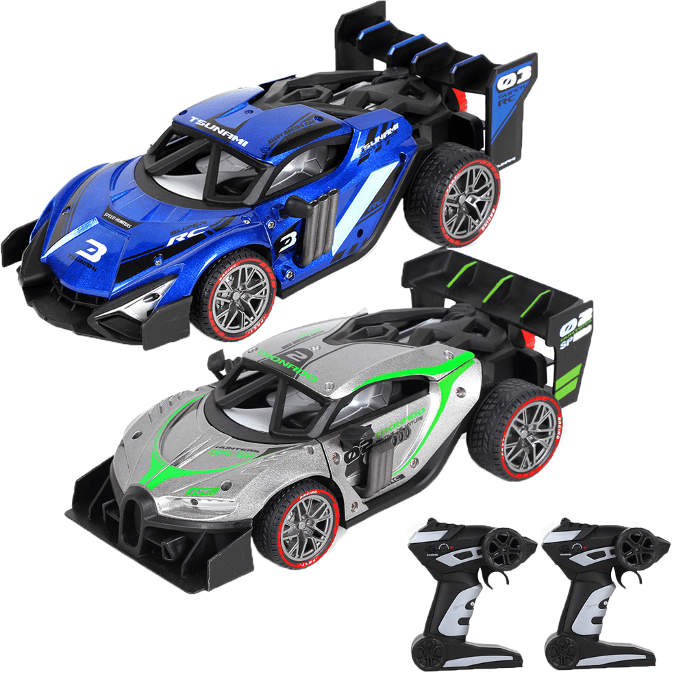 2 Pack Alloy Remote Control Car, 1/18 Scale 2.4g Mhz High-speed Racing Drift Stunt Car, Top Speed 20 Km/h, Waterproof,with Two Rechargeable Batteries and Atomization System, Excellent Xmas Gifts